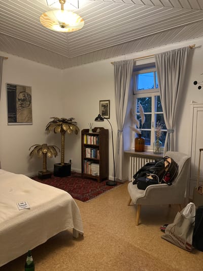 The image depicts a dimly lit bedroom with a large window. The room contains a bed with a white comforter, two gold palm tree lamps, a dark wood bookshelf filled with books, and a grey armchair draped with a black jacket and a backpack. A floor lamp stands near the bookshelf. A framed poster of Max Beckmann hangs on the wall. Outside the window, the sky is dark blue, suggesting it is evening or twilight. The floor is covered in cork tiles, and a red patterned rug is placed between the bed and the bookshelf. A green bottle lies on its side on the floor near the bed. A tote bag with the text "VISIT VIANDEN" is on the floor near the armchair. The environment appears to be a private residence, likely a bedroom in Ammeldingen bei Neuerburg, Germany, given the provided location context. No people are visible in the image.
