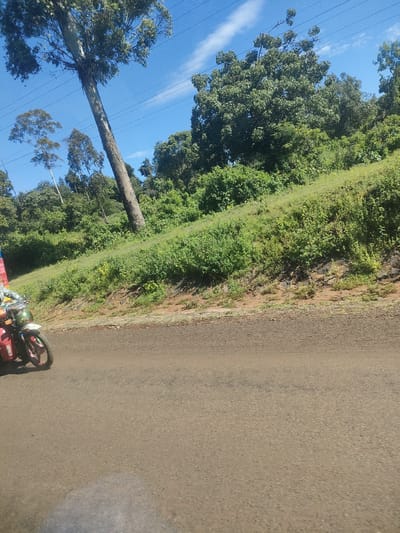 The image depicts a road scene in an unspecified location within a municipality ward in Kenya. In the foreground, a section of paved asphalt road fills the lower half of the frame. A motorcycle with an attached sidecar, primarily colored red, is partially visible on the left side of the road. The background features a grassy slope covered in lush vegetation, transitioning into a forested area. Several tall trees punctuate the skyline. Overhead, power lines stretch across a clear blue sky with scattered clouds. The general impression is one of a rural or semi-rural environment alongside a transportation route.
