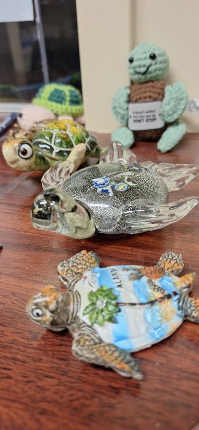 In the city of Upper Tantallon, Canada, a group of turtle figurines are displayed on a wooden surface. The figurines are of varying materials and designs. In the foreground, a detailed figurine of a turtle with a colorful shell depicting palm trees and a tropical landscape rests on the wooden surface. Behind it, a clear glass turtle figurine with intricate colorful designs embedded within the glass is positioned. Further back, a ceramic turtle figurine with large, expressive eyes and a green and yellow shell is visible. In the background, a light green crocheted turtle figure is seen, holding a sign that reads "I don't wanna go but they won't let me DON'T STOP." Another crocheted turtle with a green shell is partially visible to the left, and a pink crocheted object is also present. The lighting in the scene is artificial, casting shadows and highlighting the textures of the figurines. The overall environment appears to be an indoor setting, possibly a desk or shelf.