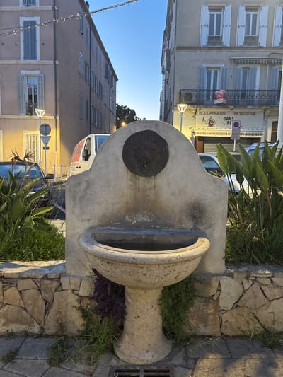 The image shows a stone fountain with a lion's head spout, set against a backdrop of urban buildings and street elements. The fountain has a wide basin and a decorative stone surround. Behind the fountain, a white van with red lettering is partially visible, as are parked cars and streetlights. The buildings have shutters and balconies, and one building displays a "A VENDRE" (For Sale) sign. Lush green plants grow around the base of the fountain. The scene appears to be in a pedestrian area or along a street in the city of Toulon, France. The lighting suggests it might be late afternoon or early evening.