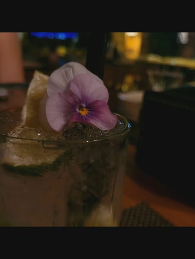 The image shows a close-up of a cocktail in a glass, garnished with a purple and yellow flower and a slice of lemon. The drink is filled with ice and appears to contain mint leaves. The background is blurred, suggesting an indoor setting like a bar or restaurant, possibly in Bielawska Wieś, Poland, given the context. There are no people clearly visible in the frame. The lighting is dim, creating a moody atmosphere. The focus is on the drink, highlighting its presentation.