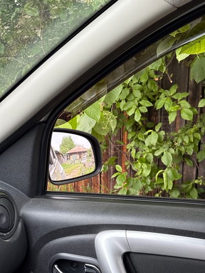 The image, taken from inside a vehicle in Nevon, Russia, provides a view through the car window and the side mirror. Outside, a wooden fence is partially obscured by lush green foliage. The side mirror reflects a quaint scene of a traditional wooden house with a red roof, surrounded by greenery and a dirt path. The interior of the car is visible in the foreground, featuring a black textured door panel with a silver accent and a black speaker grill.