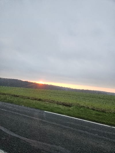 The image depicts an outdoor, rural scene near Orcemont, France, under an overcast sky. In the foreground, a dark grey asphalt road with a solid white edge line extends diagonally from the lower-left to the mid-right. Adjacent to the road, a strip of green grass transitions into a large agricultural field covered in low, light-green vegetation. In the background, a dark, tree-covered ridge or hill line runs horizontally across the upper mid-ground. A bright, orange-yellow sun is partially visible, positioned just above the tree line slightly to the left of the frame's center, indicating either sunrise or sunset. The sky above is primarily light grey with diffuse cloud cover. No individuals, vehicles, or specific actions are observed.