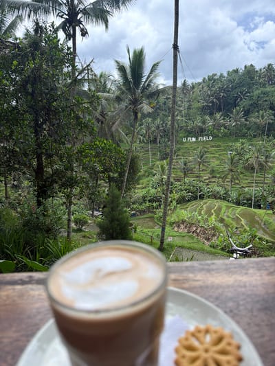 A latte in a glass and a flower-shaped cookie on a white plate sit on a wooden surface, with the backdrop of the Tegalalang Rice Terrace in Tegal Suci, Indonesia. The rice terraces are a series of stepped fields, with the inscription "U FUN FIELD" visible on one of the terraces. The area is densely populated with palm trees and other vegetation. The sky is overcast.