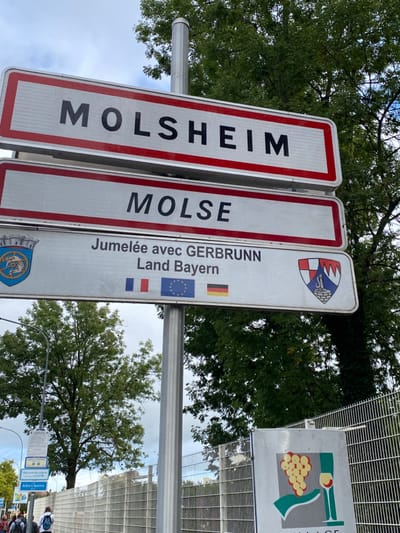 The scene depicts an outdoor setting in Dorlisheim, France, at a municipal boundary or entry point. Three white rectangular road signs with rounded corners are vertically stacked on a grey metal pole. The top sign, bordered in red, displays "MOLSHEIM" in black capital letters. Immediately below it, a second red-bordered sign shows "MOLSE" in black capital letters. The third and largest sign, without a red border, states "Jumelée avec GERBRUNN Land Bayern" in black text, indicating a twinning with Gerbrunn, Bavaria. Below this text are three flags: the French tricolor, the European Union flag, and the German tricolor. To the left of the text is a partially visible blue shield with yellow elements, representing a coat of arms, likely for Molsheim. To the right, another coat of arms, featuring a red and white shield depicting a blue fountain or well structure on a green mound, likely representing Gerbrunn.

The metal pole supporting these signs extends upwards and is visible against a cloudy, light blue sky. To the left, mature green trees with varying foliage are visible, and in the lower-left corner, several individuals with backpacks are walking away from the camera on what appears to be a paved surface next to a grey mesh or chain-link fence. Another obscured informational sign is visible further left. To the right of the pole, dense green tree foliage is present, and a similar grey mesh fence runs horizontally. In the lower-right, a smaller white sign with a green background displays a cluster of yellow grapes and a wine glass, indicating a "Village Viticole" (Wine Village).