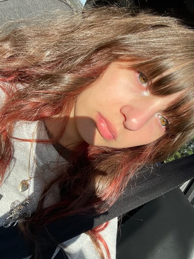 A young female subject is depicted in a close-up portrait, seated within what appears to be the interior of a vehicle. Her long, wavy hair, featuring a reddish-brown base with prominent red highlights and bangs, is illuminated by direct sunlight from the viewer's left. Her face, characterized by light skin and hazel or greenish-brown eyes, exhibits a neutral expression with a direct gaze. Strong sunlight casts a distinct shadow across the left side of her face and neck. She wears a light-colored top, possibly white or light grey. Two necklaces are visible: one with a small gold-toned heart-shaped locket and another with a larger, ornate silver-toned elephant pendant. A black seatbelt strap diagonally crosses her upper torso. The background consists of blurred elements consistent with a vehicle's interior and a vague, out-of-focus outdoor scene viewed through a window on the right. The specific location within Ndlambe Local Municipality, South Africa, cannot be determined from the visual information provided in the image.