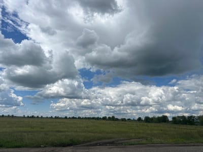 The image shows a vast, open field of green grass under a dramatic sky filled with dark, heavy clouds and patches of bright blue. A line of trees is visible in the distance, bordering the field. In the foreground, a dirt path or road runs horizontally across the bottom of the frame. The scene appears to be an outdoor landscape, possibly in a rural or undeveloped area. The lighting suggests it is daytime, with the clouds creating a dynamic and somewhat overcast atmosphere. The location is specified as Chernovskii, Russia. There are no people or animals visible in the image.