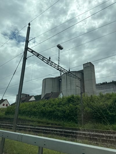The image, oriented upright, captures an overcast daytime scene alongside a railway line in Zurzach, Switzerland. In the foreground and midground, a substantial concrete pole supports an overhead railway electrification system (catenary), featuring multiple wires and a metal lattice structure. A rectangular light fixture is mounted on the pole.

To the right of the pole, partially concealed by dense green trees and bushes, stand two prominent grey concrete structures. The taller one is a rectangular, tower-like building with faded black graffiti on its upper facade, appearing to spell "ROTA". Below and to its right is a second, shorter and more rounded concrete building, likely an industrial or agricultural silo.

Further right, multiple railway tracks run parallel, visible through and behind a metallic barrier, alongside grassy areas and more green foliage. In the lower right background, parts of houses with distinctive red-tiled roofs can be seen nestled among the trees. The sky is entirely covered with thick, grey clouds, indicating an overcast day. No people or specific activities are visible, presenting a static snapshot of the railway infrastructure and surrounding landscape.