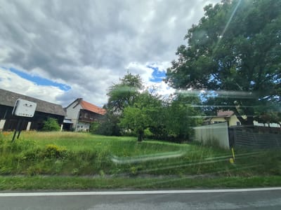 The image depicts a rural scene in Sankt Lorenzen bei Scheifling, Austria, viewed from a moving vehicle. On the left side of the frame, a dark-colored building with a wooden facade is visible, with a white mailbox or signpost with the word "ZIMMER" and a smiley face graphic attached to it. Adjacent to this building is a structure with a red-tiled roof. A large expanse of green grass, interspersed with yellow wildflowers, stretches across the middle ground. In the background, a dense green tree dominates the right side of the image, casting shadows and partially obscuring another building. A fence, made of wood and possibly some lighter material, encloses a portion of the property behind the green grass. The sky above is partly cloudy, with patches of blue sky visible through the grey clouds. The foreground shows a section of a paved road with a white line marking its edge. Reflections on the glass surface suggest the photograph was taken through a window.