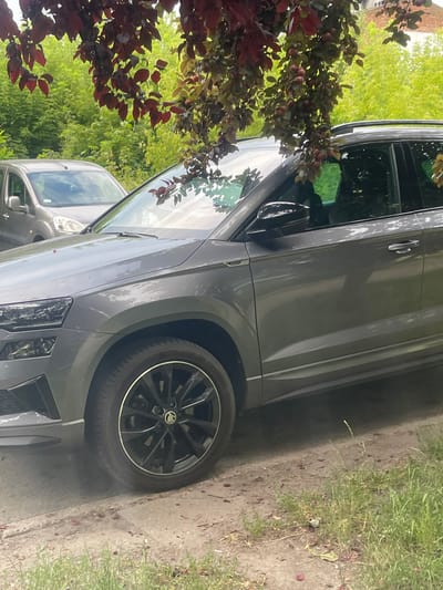 A grey Skoda Kodiaq is parked on a dirt path next to a small grey van in an urban area. The Skoda has black rims and tinted windows. Overhanging the scene are branches from a tree with dark red leaves and small red fruits. In the background, there are green trees and a building with a tiled roof. The image was taken in Konstantynów Łódzki, Poland.