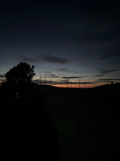 A silhouette of a large tree stands in the foreground to the left of the image, with a faint light visible near its base. In the middle ground, several wind turbines stand on a hill, their blades blurred by motion. The sky transitions from a dark blue at the top to shades of orange and yellow near the horizon, indicating either sunrise or sunset. The overall scene is dark and moody, with the wind turbines and tree silhouetted against the twilight sky. The image is taken in the Bereznyakovka region of Kazakhstan.