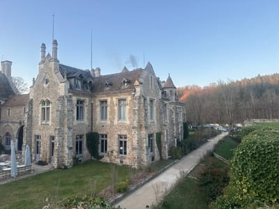 An exterior view of a grand, stone building with intricate architectural details like turrets, pointed arches, and chimneys with smoke rising from one. A pathway extends along the side of the building, lined with greenery and leading towards a forested area in the background. Tables and umbrellas are visible on a lawn adjacent to the building, suggesting an outdoor seating area. The overall scene presents a serene, historic atmosphere.