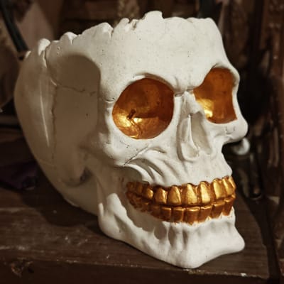 This image captures a close-up of a decorative skull, likely made from plaster, ceramic, or a similar material, with a textured, matte white finish. The skull's eye sockets and individual teeth are painted in a striking metallic gold, providing a distinct contrast to its white surface.
The skull rests on a dark, seemingly wooden surface, possibly a shelf or table. The background is dark, out of focus, and indistinct, suggesting an indoor setting with low ambient lighting. No specific objects are identifiable in the blurred background.
The image is a static shot of the skull, with no activity or event taking place. The subdued lighting conditions make it difficult to determine the exact time of day, but the overall dimness suggests an evening or nighttime setting. There are no people visible, and no emotions are conveyed as the subject is an inanimate object. No text is visible within the image. While the location context of Ketoshi, Russia, is provided, there are no visual cues within the image itself to confirm this geographical location. The skull is positioned at a slight angle, showcasing its front and right profile with sharp focus.