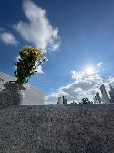This image captures a low-angle perspective within a cemetery located in Nof HaGalil, Israel, under a bright, partly cloudy sky. In the immediate foreground, the textured, speckled grey surface of a granite tombstone dominates the lower portion of the frame. Resting on this tombstone, towards the left, is a matching speckled grey granite vase containing a bouquet of fresh flowers, predominantly white and yellow chrysanthemums with some purple accents. Behind the vase and flowers, a polished white tombstone is partially visible, displaying etched Hebrew text including "מיר ת" and the number "19". The midground reveals several other tombstones of varying designs and heights, crafted from granite and marble, some light and some dark. Small red objects, possibly memorial candles or stones, are interspersed among these distant grave markers. Utility wires stretch horizontally across the sky in the midground, and a dark industrial structure or power pylon is partially visible on the far right horizon. The background consists of a clear blue sky dotted with white cumulus clouds. The sun, partially obscured by a cloud, is prominent in the upper right, casting a bright glare and indicating strong daylight conditions. No individuals are present in the scene.