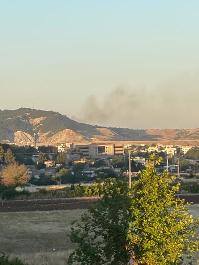 The image shows a panoramic view of the city of Adıyaman, Turkey, from a distance. The foreground features dry grass fields with a few trees, one of which is prominently in the right of the frame, with lush green leaves illuminated by sunlight. Behind the fields, the mid-ground reveals a densely populated urban area with various buildings, including houses and larger structures, interspersed with trees. In the background, a hilly landscape dominates the scene, with some areas appearing arid and others covered in vegetation. A notable element in the sky above the hills is a plume of smoke, suggesting a potential fire or industrial activity in the distance. The sky is clear with a gradient of light blue to pale yellow, indicating it is likely late afternoon or early morning. There are no discernible people or specific actions captured in this static, wide-angle shot of the city and its surroundings.
