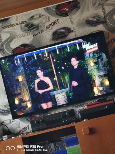 A flat-screen television displays a broadcast with two individuals. The woman on the left wears a black sequined dress and jewelry, with her hands clasped in front of her. To her right, a man in a dark suit stands with his hands clasped. The background on the screen features decorative elements, including lights and what appear to be architectural structures. The television is situated on a shelf above an audio receiver and a red media player. Behind the television, wallpaper depicts a pattern of race cars and winding roads. The overall scene is indoors, with a wooden shelf and a wall covered in patterned wallpaper. There is no information about the city of Bad Oeynhausen, Germany, in this image.