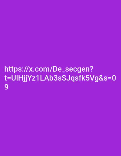 The image is a solid purple background with a white URL link, "https://x.com/De_secgen?t=UIHjjYz1LAb3sSJqsfk5Vg&s=09", written in the center. No people, subjects, objects, actions, interactions, or environment are present in the image.