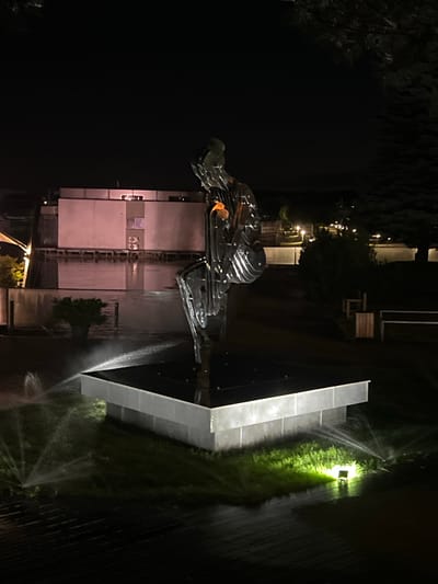 A dark, night-time, outdoor scene captures a metallic sculpture of a figure in a seated, contemplative pose. The sculpture is illuminated by a light source, creating reflective highlights on its surface. It stands on a multi-tiered, grey base, which is surrounded by grass and lit by sprinklers in operation. In the background, a modern, light-pink building with visible air conditioning units is reflected in the dark, still water of a canal or river. Trees and distant lights are visible beyond the building, and the sky is black. The overall impression is one of a public art installation in a tranquil, urban setting. The location is identified as Vyshen'ky, Ukraine.