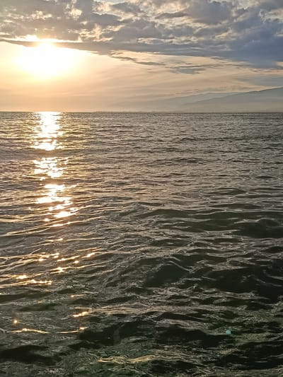 A wide shot captures the sun setting over the Black Sea near Gulrypsh, Abkhazia. The sun is partially obscured by clouds, casting a golden glow on the water and creating a shimmering reflection. In the distance, a hazy mountain range lines the horizon. The water is choppy, with small waves rippling across its surface. The sky is a mix of soft grays and oranges.