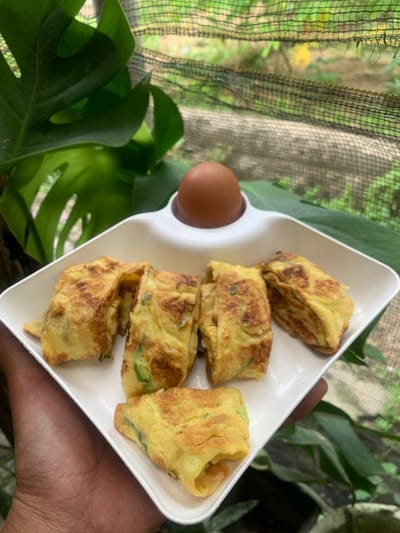 An overhead shot captures a white, rectangular plate of sliced egg rolls with scallions, held by a person's hand. The plate is positioned on a patterned surface, likely a table, with a single brown egg in a holder at the top. Lush green foliage frames the scene, with a black mesh net in the background. The setting appears to be outdoors, possibly a garden, in Karangkemiri, Indonesia.