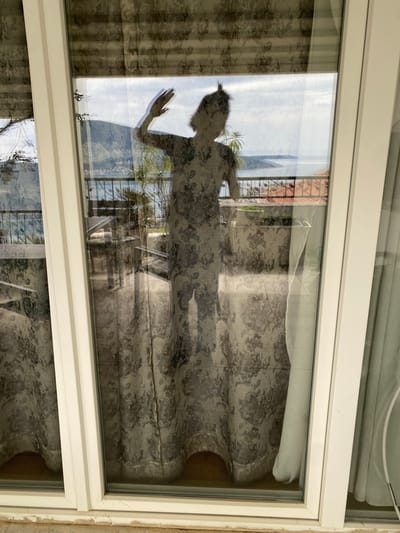 The image depicts a reflection of a woman in a window. The woman is partially obscured by the reflection of a patterned sofa and other elements of the interior. Outside the window, there is a view of vegetation and the sky. The location is Trebesin, Montenegro.