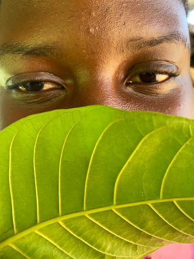 A close-up, rotated image features a person's face, partially obscured by a large green leaf. The person has brown skin, dark brown eyes, and defined eyebrows. The green leaf is vibrant and displays detailed venation. The background consists of what appears to be a pinkish surface. The city location is Hoss, Nigeria. The actions are the person laying still with the leaf placed near their face.