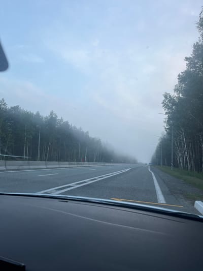 This is a first-person perspective image taken from inside a vehicle on a highway. The road is asphalt with clear white lane markings and a yellow line on the right shoulder. On the left side of the highway, there is a concrete barrier separating the road from a dense forest covered in fog. The trees are tall and appear to be a mix of coniferous and deciduous species. On the right side of the highway, the forest continues, with birch trees being prominent. Streetlights are visible intermittently along the right side of the road. The sky is overcast and appears hazy, indicating foggy conditions. In the distance, the highway recedes into the fog, with a few distant vehicles visible. The foreground shows the interior of the car, including the dashboard and a portion of the windshield. The image does not depict any people or specific actions, but rather a serene, natural landscape with a highway cutting through it. The location is identified as being in the city of Allaki, Russia.