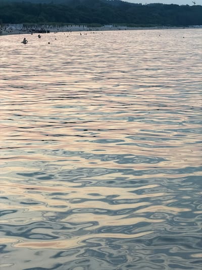 The image depicts a section of the Baltic Sea at Sopot, Poland, during what appears to be late afternoon or early evening. The foreground is dominated by the rippling surface of the water, reflecting the muted tones of the sky and surrounding landscape. Subtle waves create patterns of light and shadow, with hues of pale pink, beige, and blue intermingling.
In the middle ground, the beach is visible, lined with numerous white umbrellas and scattered beach chairs. A crowd of people are present on the beach and in the water. Some individuals are standing, while others are swimming or wading. One person is seated in the shallow water, facing away from the camera. Several small buoys are also visible in the water.
The background features a dense, dark green forest covering a hillside. The overall impression is one of a calm, recreational scene at a popular seaside resort. The lighting suggests a time of day when the sun is low, casting a warm, diffused glow.