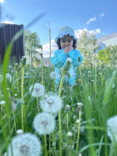 A young child wearing a light blue jacket and a floral patterned hat sits amongst tall grass and dandelions, with buildings visible in the background. The location is likely Uray, Russia, as requested. The child's hands are near her face, and she appears to be looking towards the camera. The scene is outdoors during the daytime under a partly cloudy sky.
