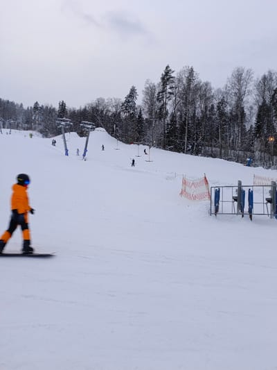 The image captures a winter scene on a snow-covered ski slope under an overcast sky. The overall impression is one of a recreational ski hill on a cold, grey day.
In the immediate foreground, to the left, a person is seen snowboarding. They are wearing a bright orange jacket, black pants, a dark helmet, and blue goggles, and are in motion, moving from left to right across the frame, indicated by a slight blur.
The mid-ground reveals more activity on the slope. Towards the center-left, two prominent ski lift pylons are visible, suggesting a T-bar or platter lift system. Several individuals are scattered across this section of the slope; some appear to be using drag lifts to ascend, with one person in a dark blue outfit clearly attached to a lift and being pulled upwards. Other smaller figures are further up the incline, either waiting or already making their way up. To the right in the mid-ground, there is a red and white checkered safety netting or fence, and further right, some metal structures, possibly gates or barriers associated with a lift queue or entry point.
The background consists of a dense forest of trees, many of which are bare-branched, while others appear to be evergreens, all dusted with snow. The treeline extends along the entire upper edge of the slope. The sky is a uniform, light grey, indicating heavy cloud cover or possibly an approaching dusk or early morning.
The image conveys a sense of active winter recreation, with individuals participating in skiing or snowboarding, utilizing the slopes and lift facilities. No text is visible in the image.