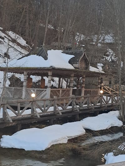 The image depicts a snow-covered scene in Vzglyadnevo, Russia. There is a wooden structure, possibly a bridge or walkway, with wooden supports and two visible lights along its length. Adjacent to the structure is snow on the ground and on the roofs of buildings, some with intricate tilework. Trees, mostly bare of leaves, are present throughout the scene. The overall environment suggests a cold, possibly winter, setting.