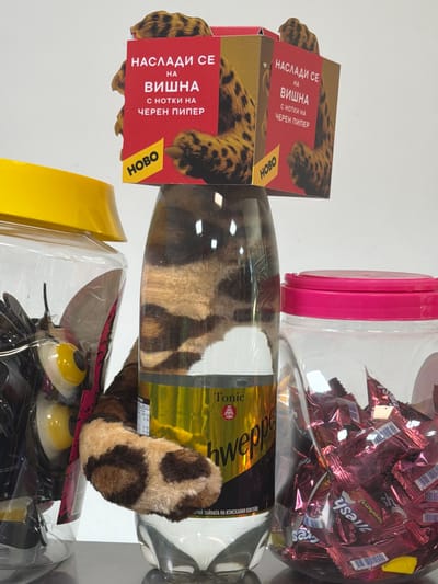 The image shows a close-up view of three plastic containers, one of which is a bottle. The bottle is transparent and contains a fuzzy, leopard-print plush toy arm that appears to be emerging from the top. The bottle has a label with the word "Tonic" and what looks like "Schweppes" written on it. The other two containers are jars, one with a yellow lid and the other with a pink lid. The jar with the yellow lid contains some dark objects with yellow eye-like features. The jar with the pink lid is filled with individually wrapped, red candies. A cardboard box with text in Cyrillic and leopard print is placed on top of the bottle, with parts of the plush toy poking out from behind it. The background is a plain white wall. The scene does not provide any information or visual cues that would suggest a specific location in the city of Dinkata, Bulgaria, or any other specific geographical location.