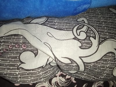 The image displays a close-up view of layered textile materials. The upper portion features a solid blue, textured fabric, consistent with a fleece or similar soft material, exhibiting gentle folds. Below this, the primary subject is a patterned fabric with a light grey base interwoven with dense, horizontal dark brown dashed lines, creating a textured background effect. Superimposed on this background are large, abstract, swirling organic motifs, also in light grey but outlined in dark brown, forming a decorative pattern. On the left side of this patterned fabric, several small, pinkish-hued circular elements are visible, arranged in clusters. The fabric is creased and draped, indicating its use as a cover or bedding. A section of a darker, similarly patterned fabric (brown base with light motifs) is partially visible at the bottom of the frame. No individuals, specific actions, or interactions are discernible. The environment is consistent with an indoor setting, likely a bed or sofa. The precise location within Inxuba Yethemba Local Municipality, South Africa, cannot be determined from the visual information provided.