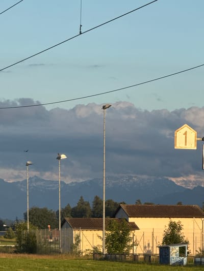 An outdoor landscape image depicts a scene likely in Fehraltorf, Switzerland, characterized by mountains, buildings, and infrastructure under a partly cloudy sky.
In the foreground, a vibrant green grassy field stretches across the bottom and right side of the image. Several tall, slender lampposts with light fixtures are positioned within or just beyond this field, extending towards the mid-ground. Two birds are perched on separate lampposts, while a third, smaller bird is captured in flight between two lampposts in the mid-air. Overhead wires or cables diagonally cross the upper left portion of the sky.
The mid-ground features a fence, possibly chain-link, separating the grassy area from a cluster of buildings. The buildings are predominantly light-colored with dark, tiled roofs. One larger building appears alongside a smaller structure. Adjacent to these buildings is a small, blue-colored shed or shelter with illegible graffiti on its side. Several trees and bushes are scattered throughout this area, some partially obscuring the buildings and fence.
In the background, a majestic mountain range dominates the horizon, with its peaks partially veiled by dense, dark clouds that contrast with patches of lighter, bluer sky. The sky itself transitions from clear light blue on the upper left to cloudier conditions towards the right, suggesting a dynamic weather pattern.
A notable object is a faded yellow, arrow-shaped sign with the number "1" clearly visible on its surface, pointing upwards. This sign is located in the upper mid-left section of the sky.
The scene appears to be set during daylight, possibly late afternoon or early morning, given the soft lighting and absence of artificial illumination from the lampposts. There is no human activity evident, contributing to a calm and serene atmosphere.