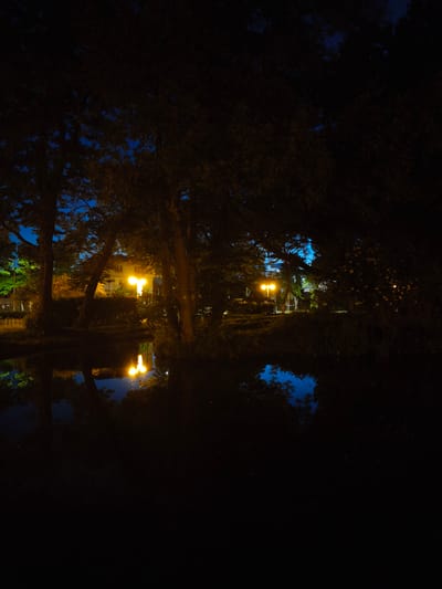 The image depicts a nighttime scene at a park with a body of water, likely a pond or small lake, in the foreground. The water reflects the light from several street lamps and illuminated windows of a building visible in the background. Tall trees with dense foliage flank the scene, obscuring much of the sky, which appears to be a deep blue, suggesting twilight or a clear night. One prominent street lamp, with a single bright, yellow light, stands out on the far bank of the water. Another similar lamp is visible further to the right. A building with lit windows is situated behind the trees. The overall atmosphere is serene and dimly lit, characteristic of a park after dark. The location is identified as the Park Miejski in Rumia, Poland. There are no people or animals visible in the image.