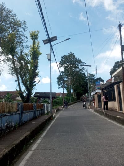 The image depicts an uphill residential street scene in Naung Bo Oe, Myanmar, under a partly cloudy blue sky. The asphalt road, grey and showing signs of wear, features two distinct yellow speed bumps across its width in the mid-ground. A thin white line runs along the left edge of the paved surface.

On the left side of the road, a concrete sidewalk abuts a low, weathered blue wall with a darker top edge. Behind this wall, a light-colored wooden or bamboo slat fence is visible, followed by dense green foliage and tall trees with slender trunks. A grey utility pole equipped with a solar panel array and a street light fixture stands prominently on the left, with multiple overhead wires crossing the frame. Further up the incline on the left, a person dressed in dark clothing, possibly with a head covering, stands near a covered structure with an A-frame roof.

On the right side of the road, another concrete sidewalk parallels the street, leading up to residential buildings with varying facades. One building, light brown, has a dark brown fence or gate in front. A second utility pole, heavily laden with tangled black wires, is positioned on this side. Further along the right, a person wearing a light pink top and dark pants stands facing away from the camera, near the entrance of a building.

In the mid-ground, on the asphalt road, a person riding a motorcycle is visible near the speed bumps, facing generally towards the viewer. The background on both sides consists of additional trees, glimpses of building roofs, and more utility infrastructure, suggesting a populated area extending further uphill.