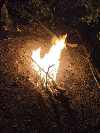 The image depicts a campfire burning at night on dry, sandy ground. The fire is the central focus, with bright flames licking upwards. Around the fire, there are scattered dry twigs, branches, and leaves, indicating an outdoor setting, likely in a natural or semi-natural area. The surrounding ground is rough and uneven, with some indentations suggesting footprints or animal tracks. In the background, there are blurred bushes and trees, characteristic of a natural landscape. There is no indication of any urban environment or the city of Жаңажол, Kazakhstan, in the image. No people are visible in the scene. The lighting suggests it is nighttime or a very dark environment.