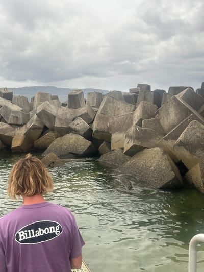 A man wearing a purple t-shirt with a "Billabong" logo stands near concrete tetrapods. These large, gray structures are stacked against the water's edge under a cloudy sky. The water appears somewhat green and reflective, suggesting it's not deep. The overall scene evokes a sense of coastal protection or harbor infrastructure.