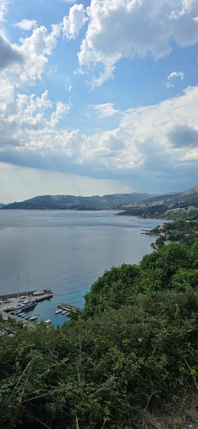 The image depicts a coastal landscape with a bay, a marina, and hills in the background. The foreground is dominated by dense green foliage. In the mid-ground, a calm body of blue water reflects the sky, which is partly cloudy with scattered white and gray formations against a pale blue backdrop. A small marina is visible along the coastline, with several boats and yachts docked. Further along the coast, a town with white buildings is nestled amongst green hills, extending into the distance. The overall scene suggests a clear day in a Mediterranean location. The location is identified as Plat, Croatia, likely a viewpoint overlooking the bay and marina. There are no people visible in the image.