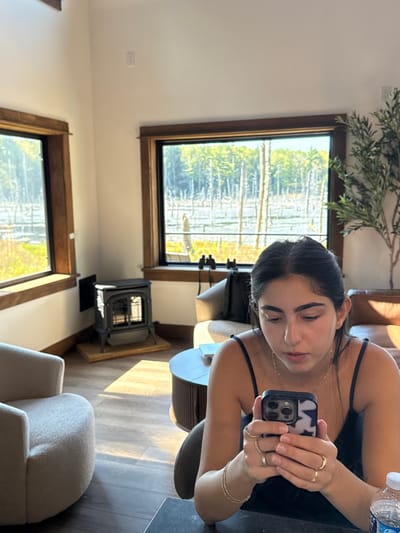 An indoor scene in Otego, United States, depicts a young adult female seated, intently focused on a dark-colored smartphone with a patterned case held in both hands. She wears a dark spaghetti-strap top and is adorned with gold-toned rings on her right hand and a bracelet on her left wrist. A clear plastic water bottle is partially visible on a dark surface in the foreground to her right. The room features white walls, light wood flooring, and prominent dark-framed windows. Through these windows, an expansive outdoor environment is visible, characterized by a body of water populated with numerous bare or dead trees, backed by a distant line of green deciduous trees. Inside, a black cast-iron wood stove rests on a light-colored wooden base in the lower-left. A light-colored, curved armchair occupies the lower-left, and a dark brown fluted cylindrical coffee table is positioned centrally. Black binoculars are present on the windowsill of the larger window. Direct sunlight enters the room, casting distinct shadows on the floor. An artificial olive tree is partially visible on the far right.