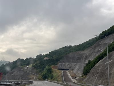 The image captures a cloudy day scene on a highway in Tsakva, Georgia. The highway curves to the right, bordered by a concrete barrier. On the left, a white car is visible on the road. The right side of the highway features a steep, man-made embankment covered in green trees, with visible concrete reinforcements and retaining walls. A single lamppost stands on this embankment. Further up the slope, a small, light-colored building is nestled among the trees. The sky is overcast with visible clouds. The overall impression is of a road cut through a heavily wooded, mountainous landscape, likely undergoing or having undergone significant infrastructure development.