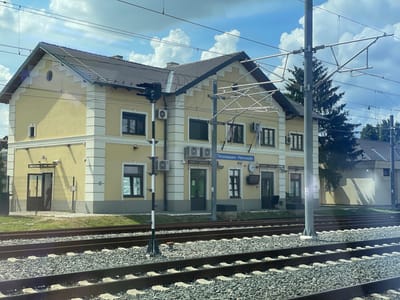 The image shows the Petrovaradin train station in Petrovaradin, Serbia. The station is a two-story yellow building with a gray roof. There are several windows and doors on the front of the building, and a sign above the main entrance reads "Petrovaradin - Petrovaradin." Train tracks are visible in the foreground, and overhead power lines are visible above the station. A tall tree is situated near the right side of the train station. There is a train signal to the left of the building.