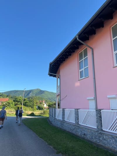 In Petrovac-na-Mlavi Municipality, Serbia, on a clear, sunny day, three individuals are walking away from the camera down a paved road. The person in the lead wears a hat and a blue backpack, with brown shorts and white socks. Behind them, a second individual carries a dark backpack, and the third person also has a backpack. They are walking alongside a property with a vibrant pink house. The house features white-framed windows, some with roller shutters. A white fence, supported by stone pillars and a stone base, separates the property from the road. Beyond the road and fence, a grassy area leads to a backdrop of lush green trees and a prominent, tree-covered mountain range under a bright blue sky, with two faint contrails visible.