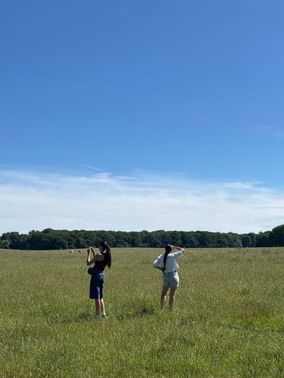 This image depicts an open, grassy field under a bright blue sky with scattered white clouds. Two individuals, both appearing to be female, stand in the field facing away from the camera, looking towards a line of trees in the distance. The individual on the left is wearing a dark tank top and blue denim shorts. She is holding a phone or camera to her face, suggesting she is taking a photo or recording. The individual on the right is wearing a white t-shirt and light denim shorts. She has her right hand raised to her forehead, shielding her eyes from the sun. In the middle ground, there are a few brown figures that appear to be animals, possibly deer, grazing in the field. The overall environment is natural and rural. The scene is likely set in the Dyrehave park, a large protected forest and parkland located north of Copenhagen, which is within the municipality of Kongens Lyngby, Denmark.