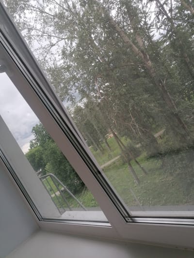 The image shows a view through a skylight window looking out onto a wooded area. The window frame is white and angled. Outside, there are numerous trees with green foliage and visible branches. The ground appears to be covered in grass, and a pathway or road is visible in the distance. A metal railing and stairs are also present on the left side of the frame, leading down from what appears to be a balcony or landing. The sky is overcast and grey. The location is identified as Komomolsky, Russia, suggesting an outdoor, possibly suburban or park-like setting. There are no people visible in the image.