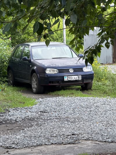 A dark blue Volkswagen Golf hatchback is parked on a gravel and dirt path in a vegetated outdoor area. The car is facing slightly to the right, with its front bumper and headlights clearly visible. A license plate with the characters "KZ 290CAA 10" is affixed to the front of the car. The vehicle is partially obscured by the branches and leaves of a tree in the foreground. The background consists of lush green foliage, some yellow wildflowers, and a light-colored building or structure on the right side of the frame. The scene appears to be located in the city of Ayet, Kazakhstan, as indicated by the license plate. There are no people or animals visible in the image.