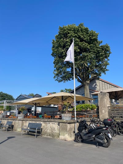 The image shows an outdoor seating area of a restaurant or cafe on a bright, sunny day. A large tree dominates the left side of the frame, its branches reaching towards the clear blue sky. A white flag with blue lettering is attached to a pole in front of the tree. The text on the flag appears to be "Brauerei".
In the background, a building with a sloped roof and large windows is visible. An umbrella provides shade over some of the outdoor tables, where a few people are seated, seemingly enjoying a meal or drinks. The seating area includes wooden chairs and tables.
To the right of the building, a dark-colored scooter is parked, along with several bicycles. A concrete wall runs along the edge of the seating area, separating it from a paved walkway. The overall impression is a relaxed, casual outdoor dining environment. The time of day appears to be midday, given the strong sunlight and shadows. The location is Wunstorf, Germany.