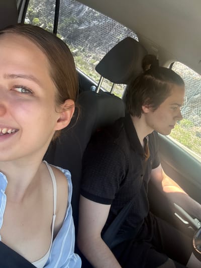 The image captures two individuals inside a car during daytime, likely in Obzovica, Montenegro. The photo is taken from a low angle, looking upwards.

In the foreground, a person with light brown hair and green/hazel eyes is visible from the forehead down to the chest. They are smiling slightly, suggesting a relaxed mood. This person is wearing a light blue and white striped button-up shirt, partially open to reveal a white bra strap.

In the background, positioned in the driver's or front passenger seat, another individual with dark brown hair, tied back in a small bun, is visible from the waist up. This person is facing towards the left side of the frame, looking out the car window, with a neutral and somewhat reflective expression. They are wearing a dark, possibly black, polo shirt and dark trousers, secured by a visible seatbelt across their chest. Bright sunlight casts a warm glow on their right arm.

Through the car windows, lush green foliage and what appears to be a chain-link fence or a similar mesh structure are visible, indicating an outdoor, possibly natural, setting. A mesh sunshade is also visible on the side window. The overall atmosphere suggests a sunny day, possibly during a journey or a break from travel. No visible text is present in the image.