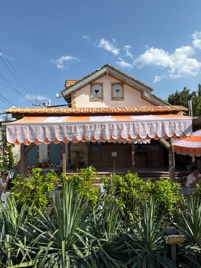 The image shows the exterior of a building with an awning, located in Semogorskiy, Russia. The building has a pink facade and a red tiled roof. Two windows with heart-shaped cutouts are visible on the upper level. The awning, striped in orange and white, displays text that reads "MAISON des PLANTES AROMATIQUES". In the foreground, lush green plants and shrubs are prominent. To the left, two women are seated at tables outside, one of whom is looking towards the camera. To the right, a man is seated at a table, appearing to eat. The scene is set under a bright blue sky with scattered clouds.