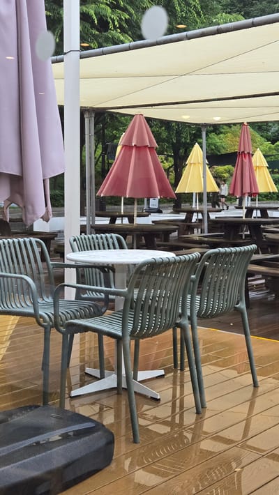 This is a photograph of an outdoor seating area with wooden tables and chairs, likely at a cafe or restaurant. The area is covered by a large, light-colored awning, with several red and yellow umbrellas partially visible behind it. The ground is a wooden deck that appears wet, suggesting recent rain. In the foreground, there are four green metal chairs around a small, round white table. To the left, a large, dark object, possibly a water-filled base for an umbrella or a piece of equipment, is visible on the deck. In the background, trees and foliage are visible, and a few people can be seen walking in the distance. The overall impression is of an outdoor dining space during or after a rain shower.